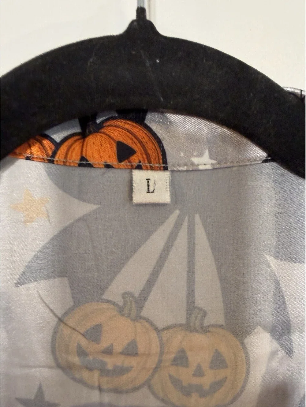 Halloween Gray Satin Pajama Set Women Large Pumpkin Cherry Bow Coquette EUC Pjs